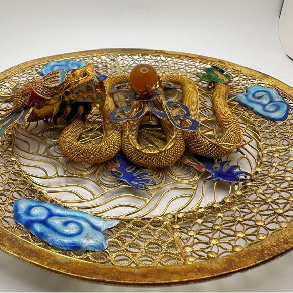 Golden Blue Dragon Wall Piece Chinese cloisonne copper filligre intricate design - Picture 6 of 15